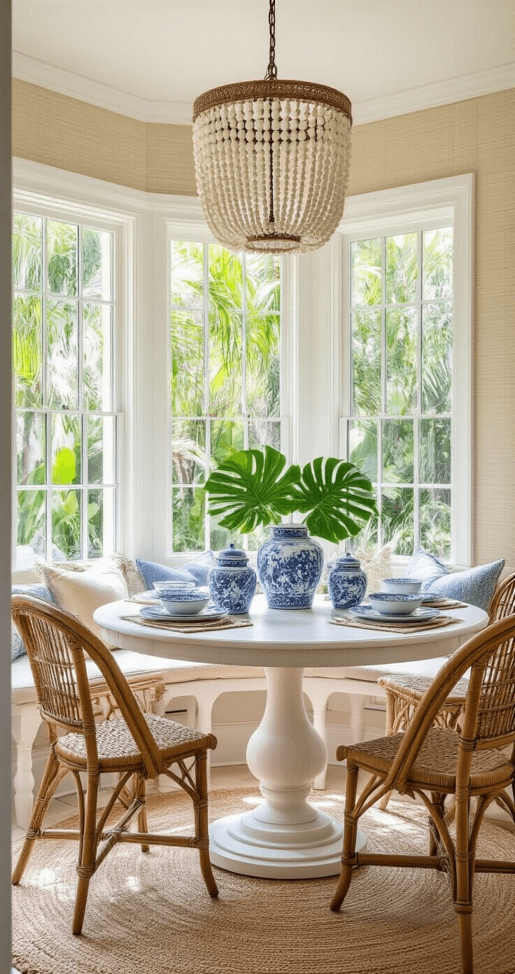 Sunshine State Style: Crafting the Perfect Florida Home Decor A cozy dining nook featuring a round whitewashed table surrounded by vintage rattan and painted wooden chairs, illuminated by dappled afternoon light through palm fronds, with a bay window overlooking a tropical garden and styled with blue and white ginger jars filled with monstera leaves, complemented by a capiz shell chandelier and sandy beige grasscloth wallcovering.