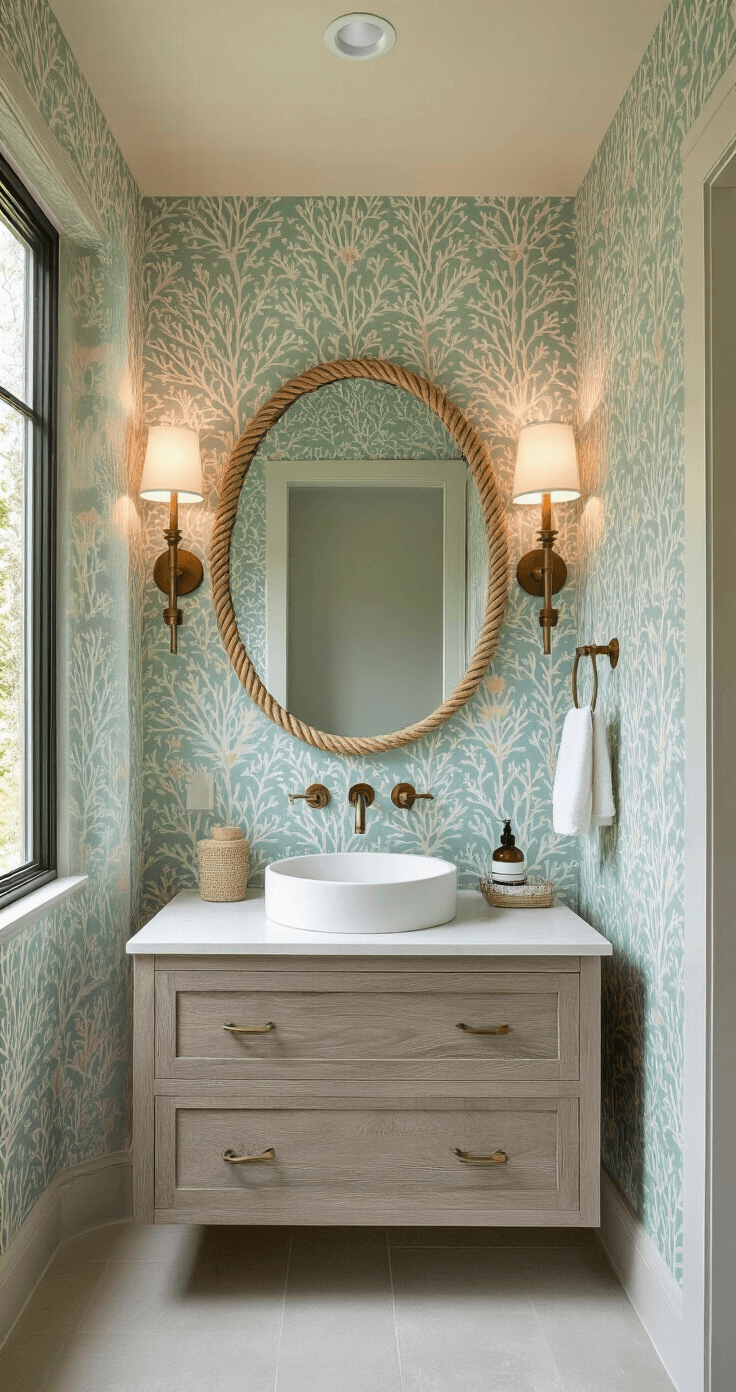 Sunshine State Style: Crafting the Perfect Florida Home Decor Modern powder room featuring an architectural window, diffused natural light, a driftwood floating vanity with a vessel sink, a large round mirror with rope detailing, textured seafoam green wallpaper with a subtle coral pattern, and vintage brass fixtures, all captured in wide-angle at f/4.5.