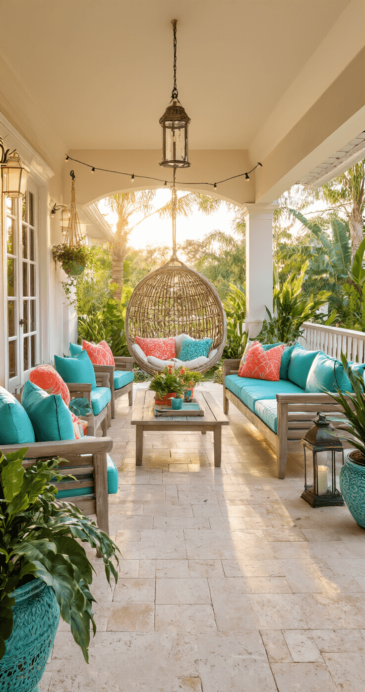 Sunshine State Style: Crafting the Perfect Florida Home Decor Welcoming 12x24ft covered lanai featuring travertine flooring, adorned with a blend of weathered teak and white aluminum furniture, vibrant turquoise and coral cushions, a macramé hanging chair, string lights, and hurricane lanterns. Lush tropical plants in painted ceramic planters enhance the ambiance, captured in golden hour lighting to emphasize the indoor-outdoor flow.