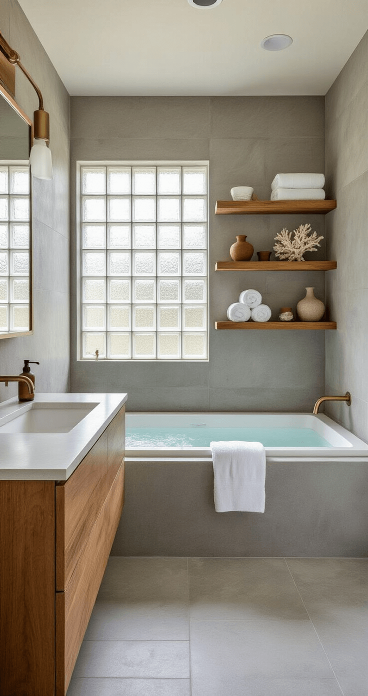 Coastal Chic Bathroom: Your Ultimate Guide to a Serene Seaside Retreat A tranquil coastal master bath featuring a freestanding soaking tub, wall-mounted teak vanity, and soft afternoon light filtering through a frosted glass block window, all enhanced by large-format concrete-look tiles in warm gray.