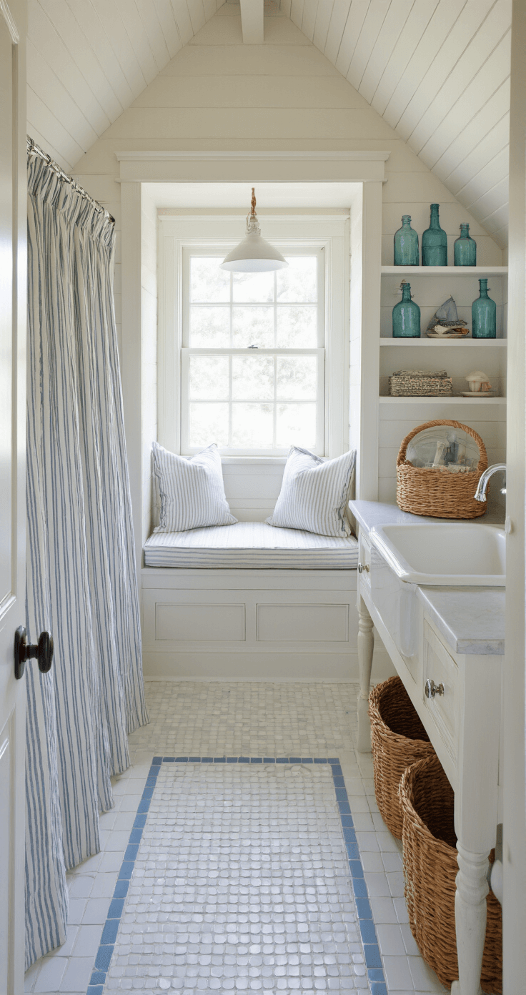 Coastal Chic Bathroom: Your Ultimate Guide to a Serene Seaside Retreat Cozy Cape Cod cottage bathroom featuring a slanted ceiling, dormer window seat, white penny tile flooring with pale blue accents, vintage console sink, built-in shelving with maritime artifacts, and styled with a striped shower curtain and woven baskets.