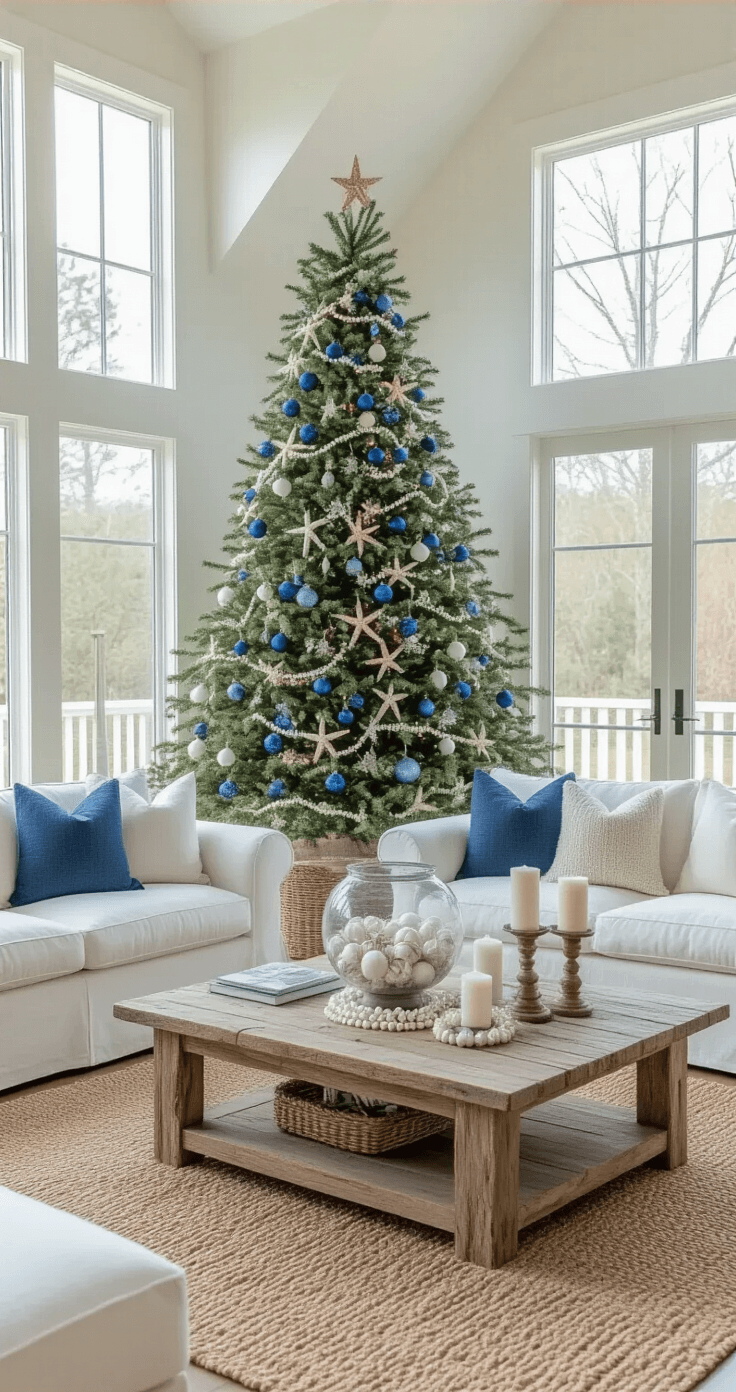 Coastal Christmas Decor: Transform Your Home into a Seaside Holiday Haven A bright living room with vaulted ceilings, featuring a flocked Christmas tree decorated with blue baubles and starfish ornaments, white linen sofas, and a driftwood coffee table with coastal decor, all illuminated by late afternoon golden light.