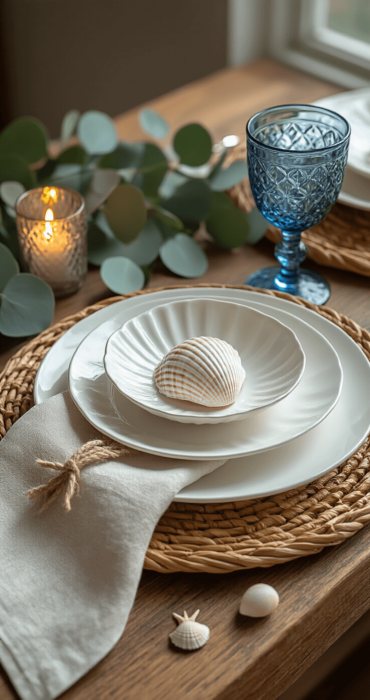 Coastal Thanksgiving Table Setting: Bringing Seaside Serenity to Your Holiday Feast Close-up tabletop vignette featuring a rattan charger with stacked white porcelain plates, an antique blue glass goblet, a sandy beige linen napkin with a rope ring and starfish, a mercury glass votive with a flickering candle, and scattered eucalyptus leaves and shell fragments, all bathed in soft morning light.