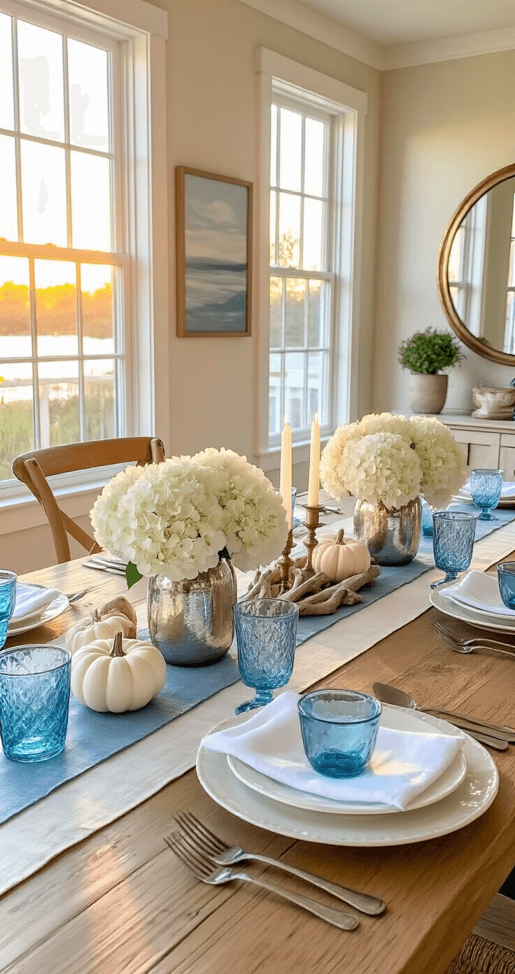 Coastal Thanksgiving Table Setting: Bringing Seaside Serenity to Your Holiday Feast A corner view of a dining room at sunset, illuminated by golden light. A 10-foot table, draped in ivory linen with a blue runner, is set with alternating white ceramic and pale blue glass chargers. The centerpiece includes white hydrangeas in mercury glass vases, accented with white pumpkins and driftwood. Candles glow softly as natural light diminishes, with coastal artwork and a mirror on the walls reflecting the warm ambiance.