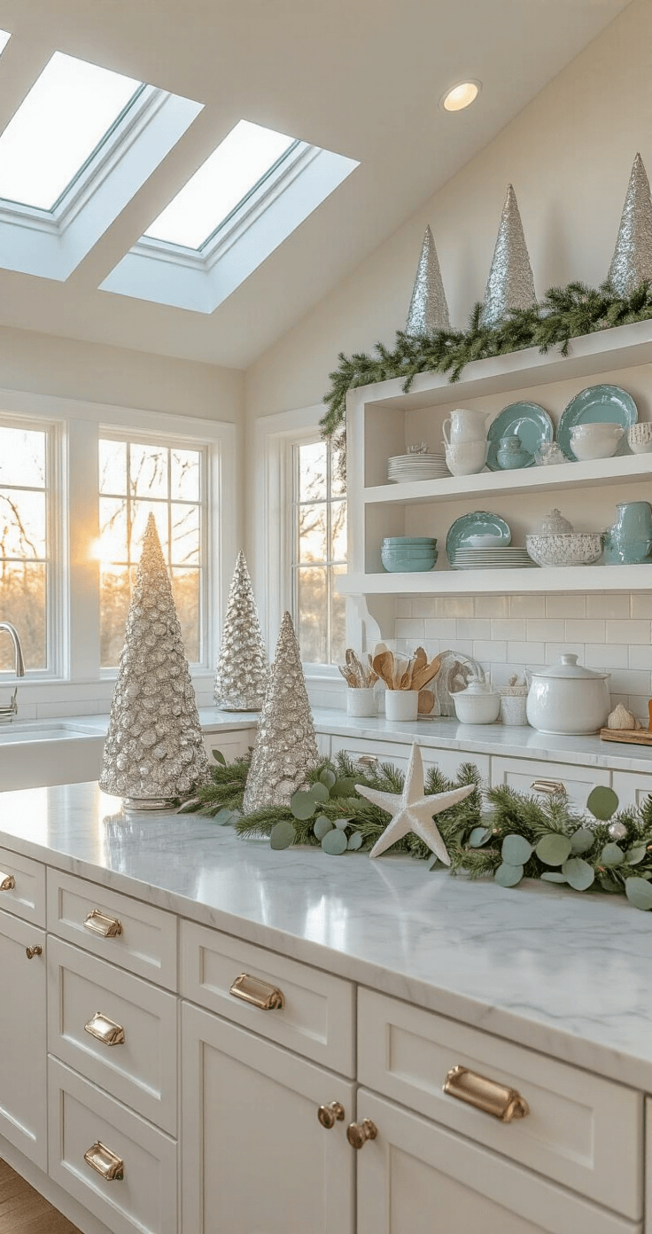 Coastal Christmas Decor: Transform Your Home into a Seaside Holiday Haven A bright kitchen featuring white shaker cabinets and marble countertops, with golden hour light streaming through skylights. An island is adorned with mercury glass trees, white ceramic starfish, and eucalyptus garland. Open shelving showcases coastal-inspired dinnerware in blue and green hues, accented with silver. The image is taken from counter height, capturing the clean and airy aesthetic with subtle holiday decorations.
