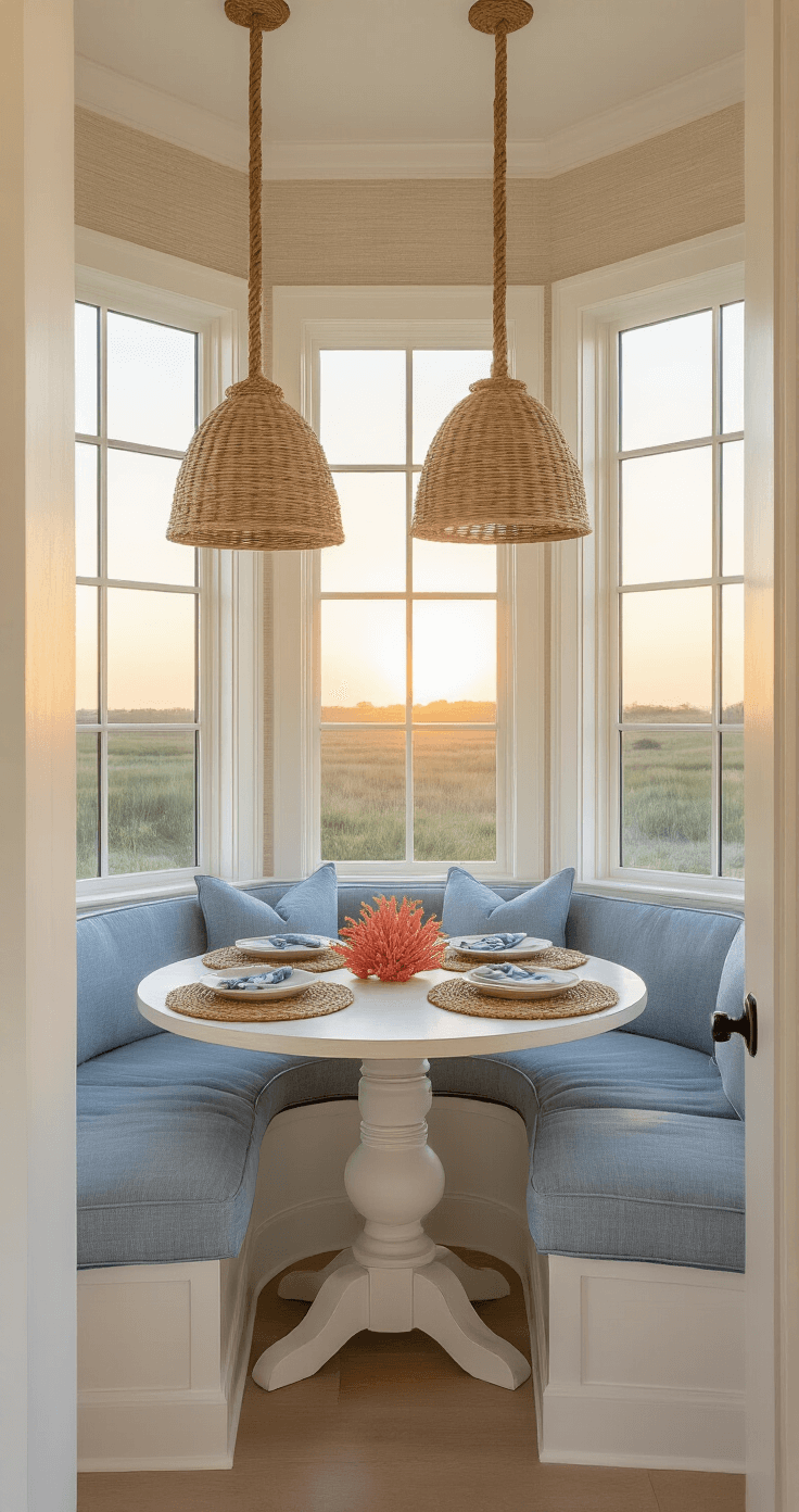 Coastal Pendant Lighting: Transform Your Kitchen with Breezy, Seaside-Inspired Elegance Cozy breakfast nook with bay windows, featuring a coastal blue banquette, weathered wood pendant lights, and a whitewashed round table set with woven placemats and a coral centerpiece, bathed in warm golden hour light.