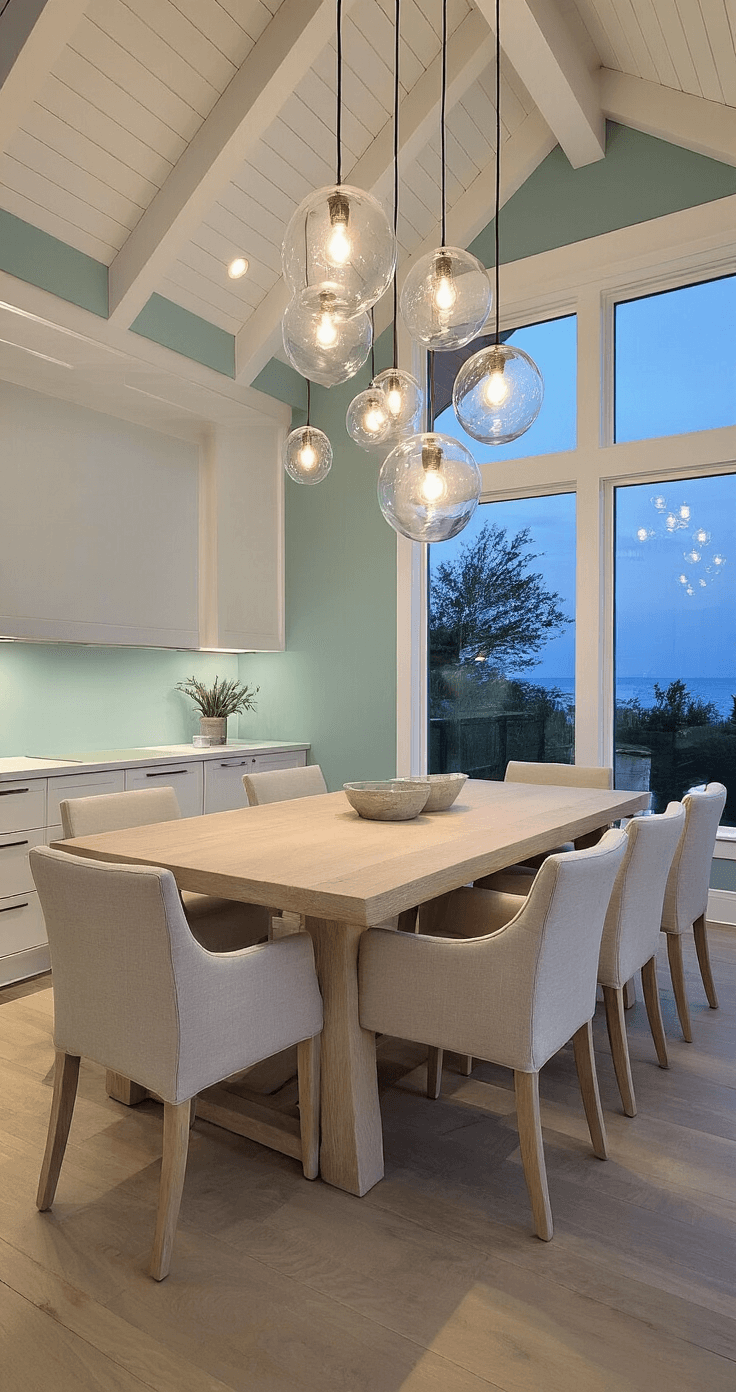 Coastal Pendant Lighting: Transform Your Kitchen with Breezy, Seaside-Inspired Elegance Contemporary coastal dining space at dusk featuring a cathedral ceiling with exposed white beams, a cluster of five glass bubble pendants above an 8' bleached oak table, pale gray walls with white trim and a seafoam accent wall, and linen upholstered chairs in natural tones, all presented in a wide-angle shot from the corner to highlight the warm evening atmosphere.