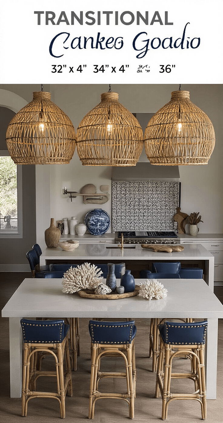 Coastal Pendant Lighting: Transform Your Kitchen with Breezy, Seaside-Inspired Elegance Transitional kitchen island featuring a quartz top, illuminated by a trio of woven bamboo pendants with brass accents, showcasing coastal artifacts and navy leather barstools, captured in an intimate night setting with dramatic lighting.