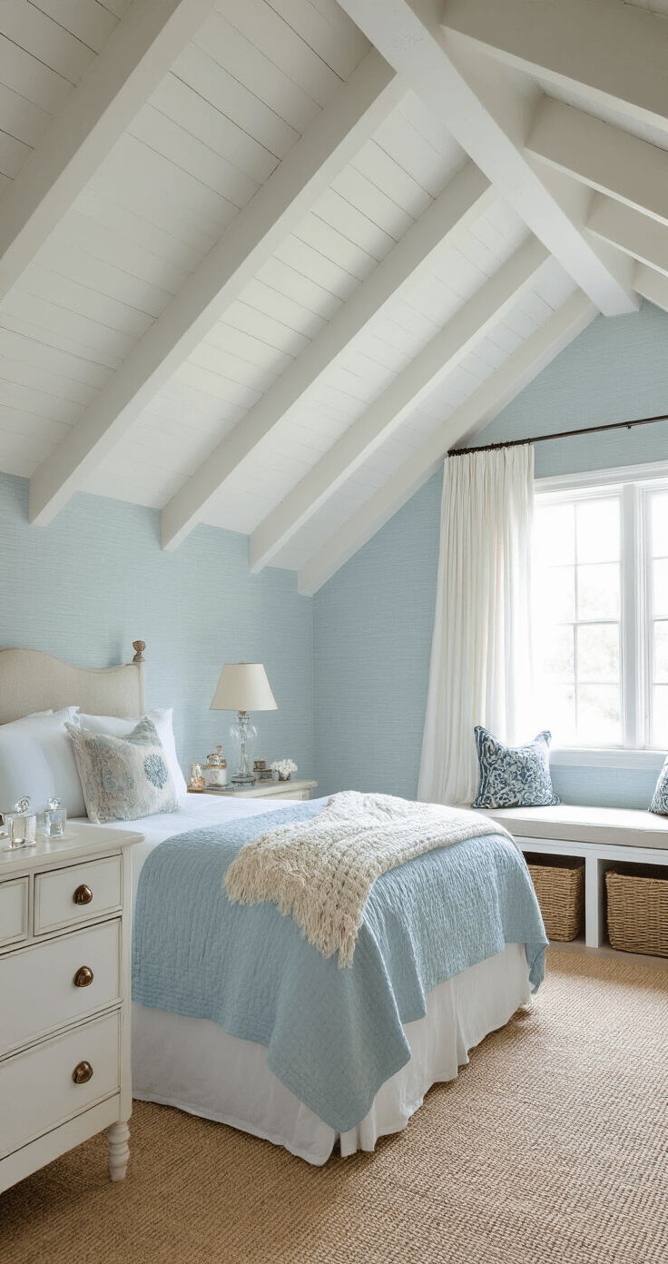 Coastal Granddaughter Style: Transform Your Home into a Breezy Sanctuary A bright and airy bedroom sanctuary with a vaulted ceiling, featuring a king-size bed dressed in white linens and a powder blue quilt, complemented by vintage decor and ethereal morning light filtering through sheer curtains.
