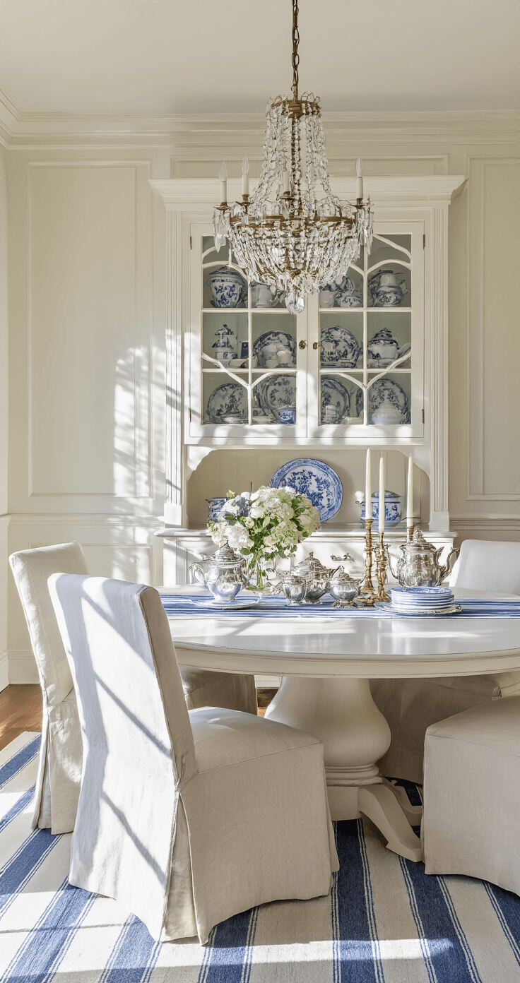 Coastal Granddaughter Style: Transform Your Home into a Breezy Sanctuary A wide-angle view of a stylish dining room featuring wainscoting and a built-in china cabinet, illuminated by afternoon light that casts dramatic shadows. The space includes a whitewashed oval table surrounded by slipcovered chairs in natural linen, adorned with a blue-and-white striped runner and brass candlesticks with white tapers. A vintage silver tea service is displayed on the sideboard beneath a sparkling crystal chandelier, highlighting the room's architectural details.
