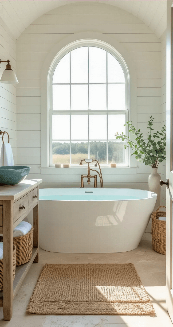 A sunlit coastal bathroom featuring a freestanding oval tub under an arched window, white shiplap walls, sandy travertine floors, and a weathered teak vanity with a blue vessel sink, adorned with seagrass baskets and linen towels, styled with eucalyptus branches and artisan soap.