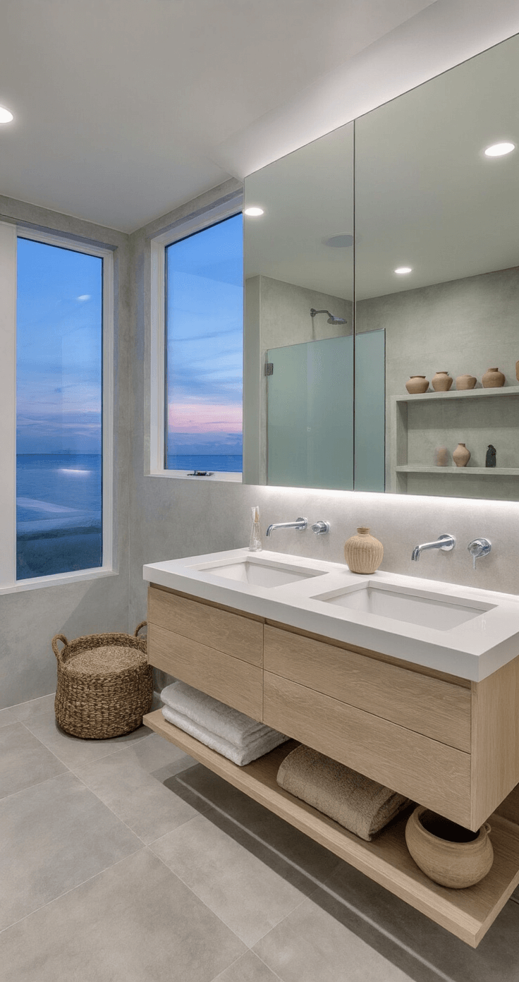 Creating Your Dream Coastal Bathroom: A Serene Sanctuary Awaits Contemporary coastal primary bath featuring a floating bleached teak double vanity with a waterfall quartz countertop, large-format concrete-look tiles, and a glass partition with coastal etching, illuminated by evening blue hour light through a floor-to-ceiling window.