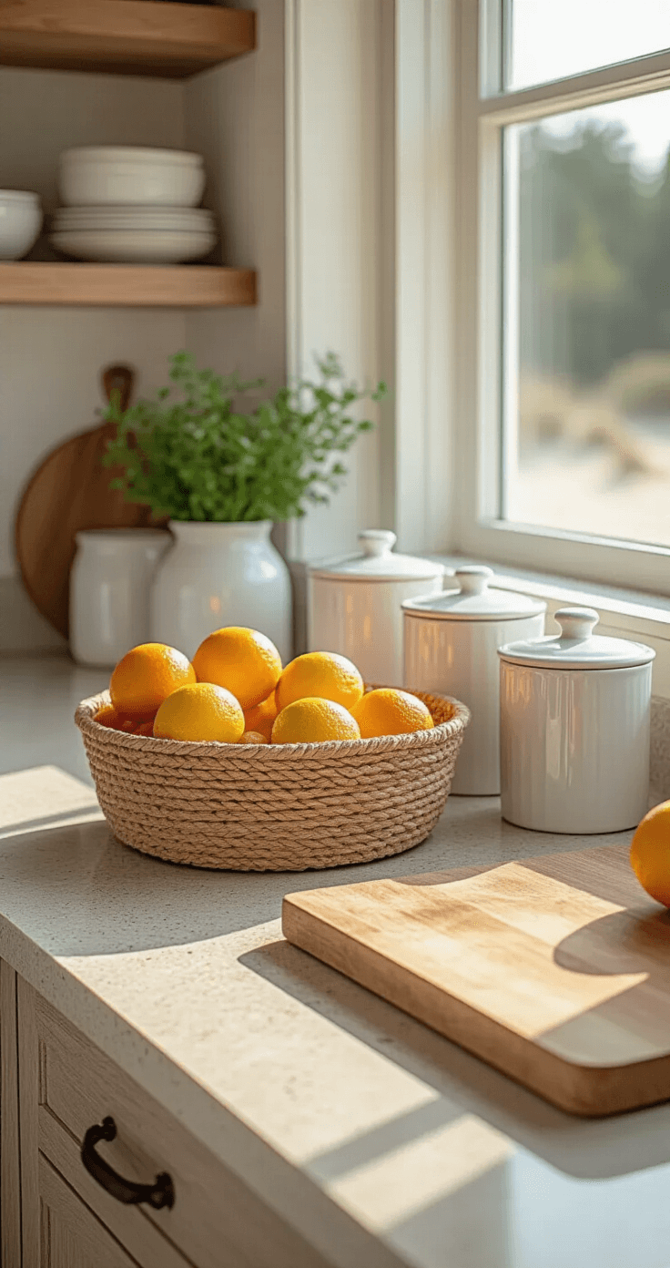 Coastal Kitchen Design: Transform Your Cooking Space into a Seaside Sanctuary Close-up detail of a beachside kitchen island with a sandy-toned quartz countertop, fresh citrus in a natural fiber basket, white ceramic canisters, and a weathered wood cutting board, captured in soft morning light with a shallow depth of field.