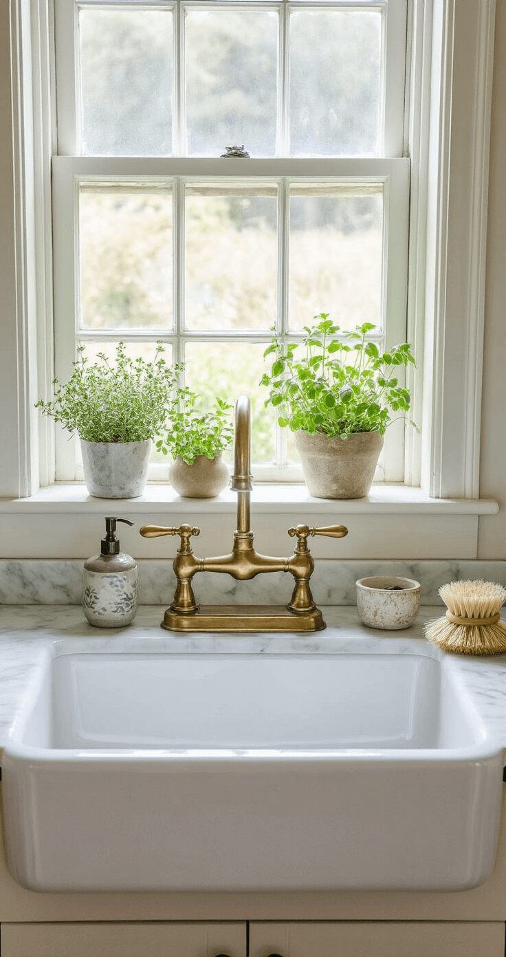 Coastal Kitchen Design: Transform Your Cooking Space into a Seaside Sanctuary A farmhouse sink vignette featuring a white porcelain basin under a window, with a brass gooseneck faucet and a marble windowsill adorned with potted herbs and a sea glass collection. Natural fiber dish brush and handmade pottery soap dish add texture, captured at a 30-degree angle.