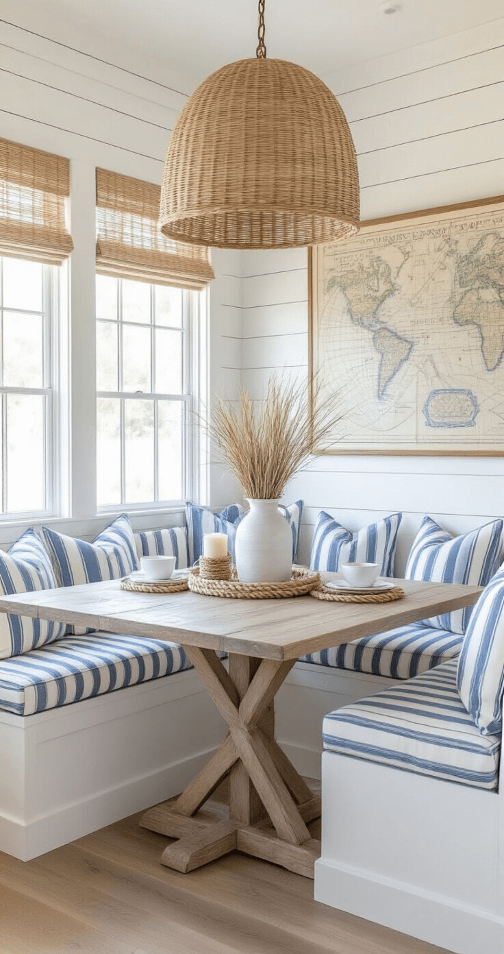 Transforming Your Kitchen into a Coastal Paradise: A Complete Design Guide Coastal kitchen breakfast nook featuring a built-in L-shaped banquette with striped blue cushions, weathered driftwood table, and oversized rattan pendant, all bathed in morning light with vintage nautical maps on shiplap walls.