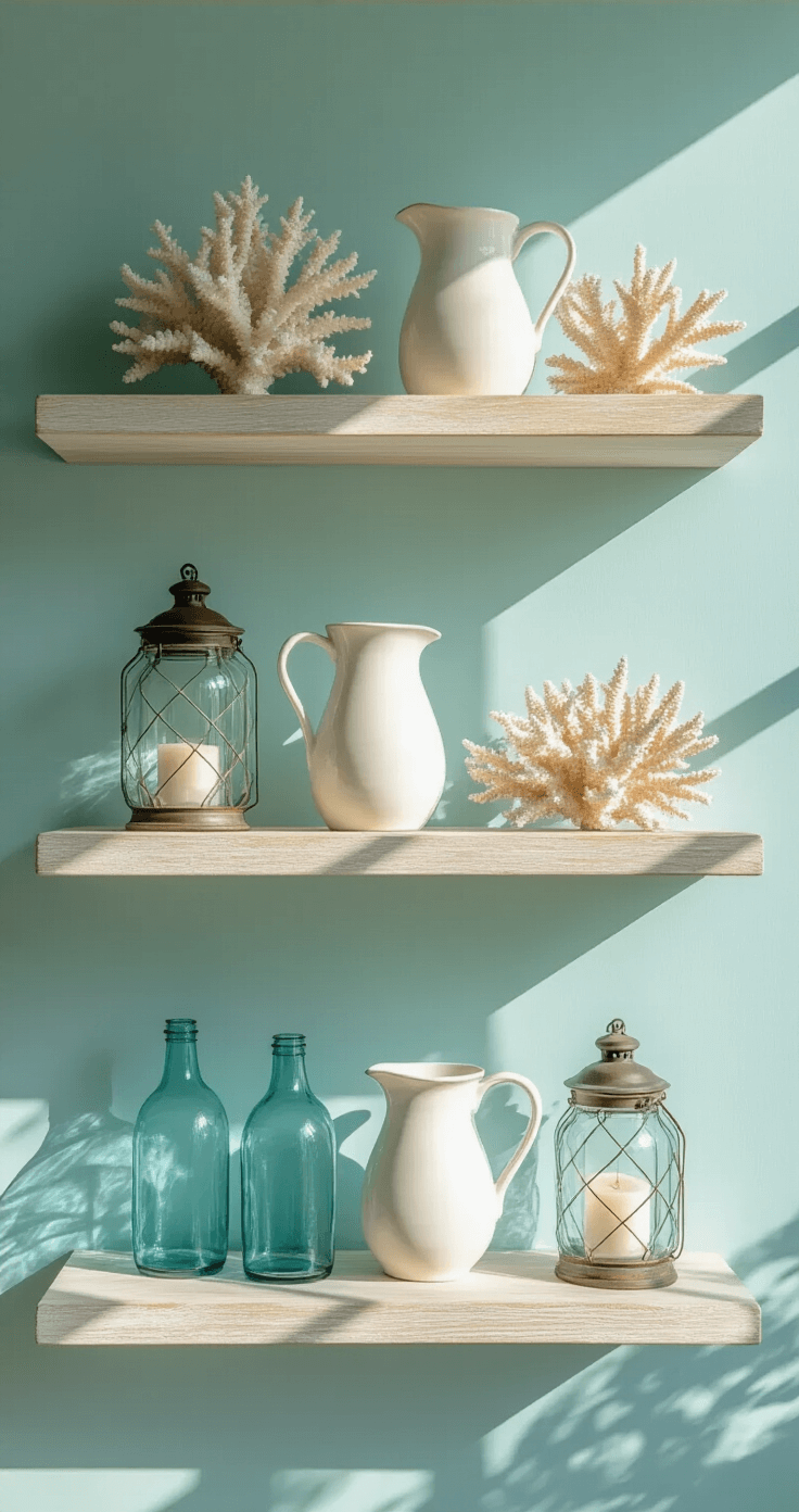 Transforming Your Kitchen into a Coastal Paradise: A Complete Design Guide Detail shot of open shelving featuring whitewashed oak shelves against a pale aqua wall, adorned with white ceramic pitchers, glass lanterns, coral specimens, and vintage blue bottles, illuminated by afternoon light casting dramatic shadows.