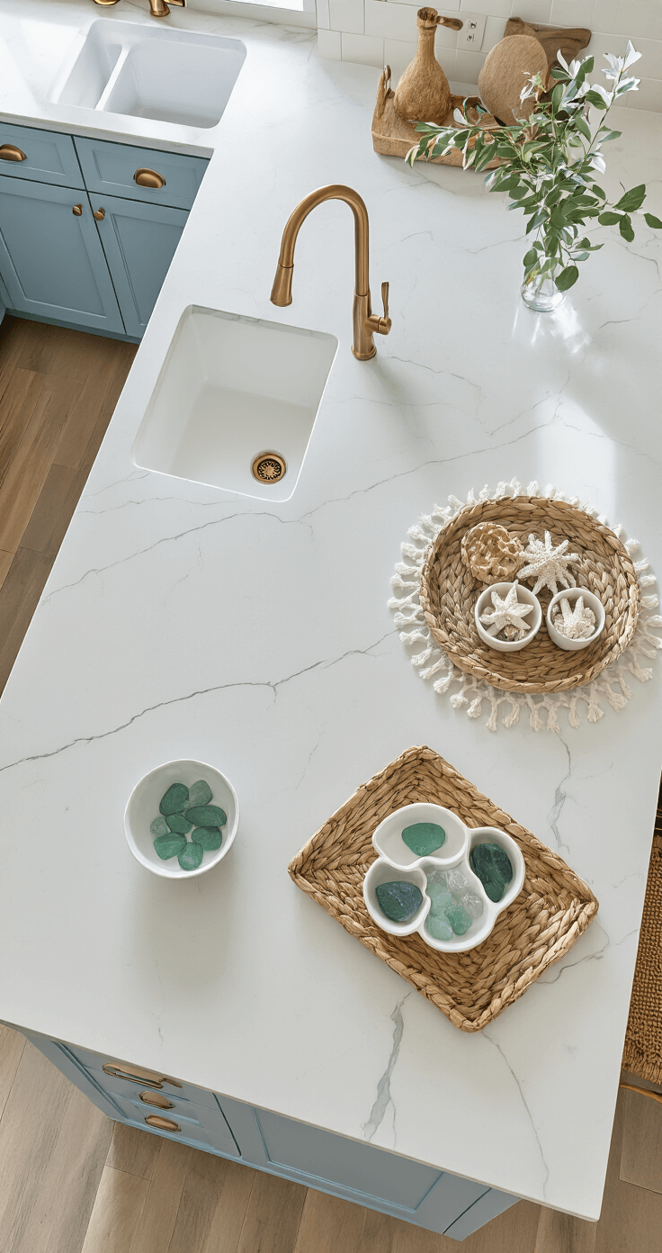 Transforming Your Kitchen into a Coastal Paradise: A Complete Design Guide Overhead view of a 6x8ft quartz-topped kitchen island with an integrated prep sink, light blue base cabinets, and brass hardware, styled with white ceramic bowls, a driftwood tray of sea glass, and woven placemats, illuminated by natural midday light.