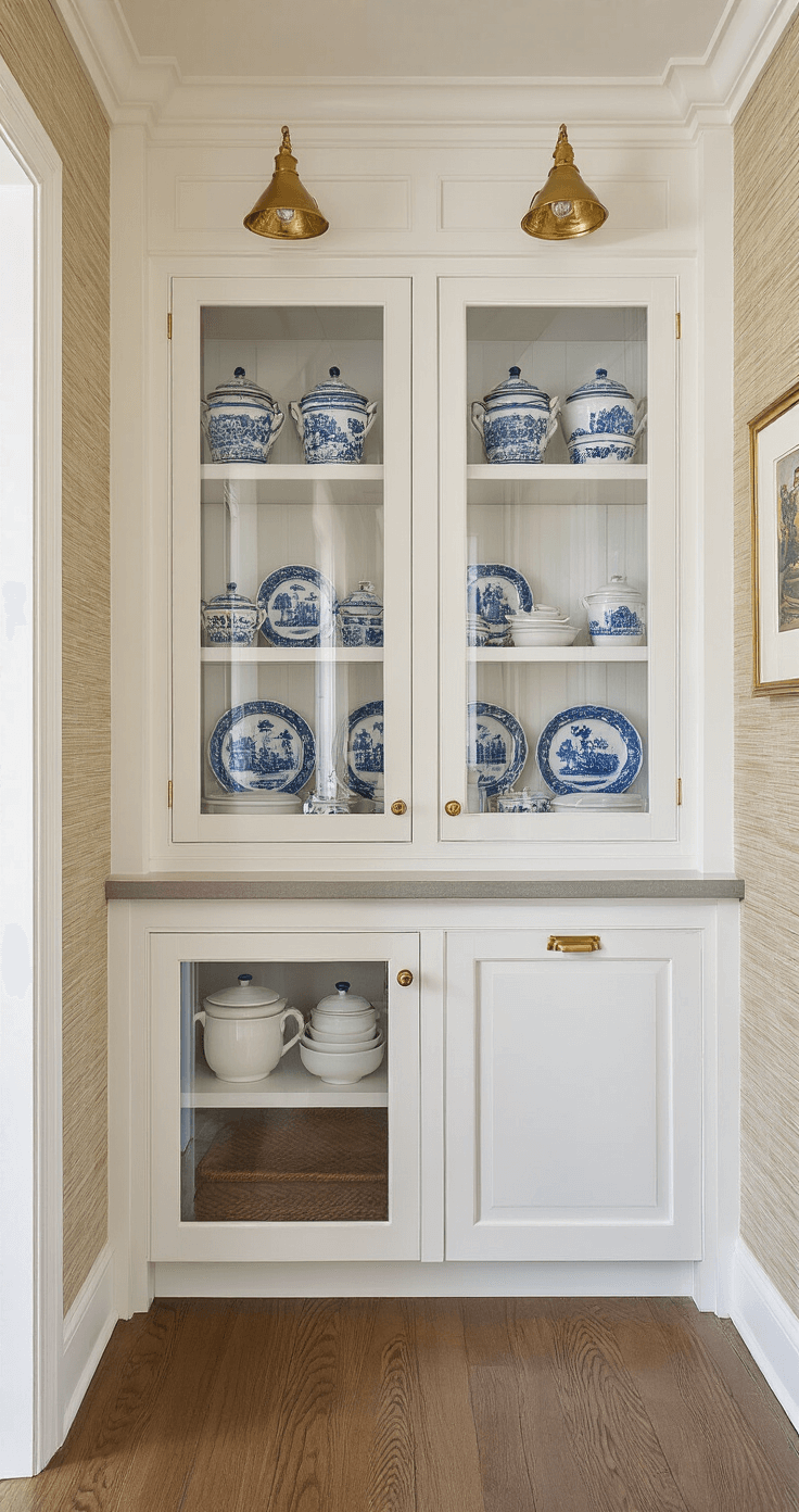 Transforming Your Kitchen into a Coastal Paradise: A Complete Design Guide A bright butler's pantry showcasing a 6ft wide gallery space with floor-to-ceiling white cabinets with glass fronts, featuring a collection of white ironstone and blue-and-white chinaware. Grasscloth wallpaper adds texture, while brass library lights illuminate the displays in the morning side-light.