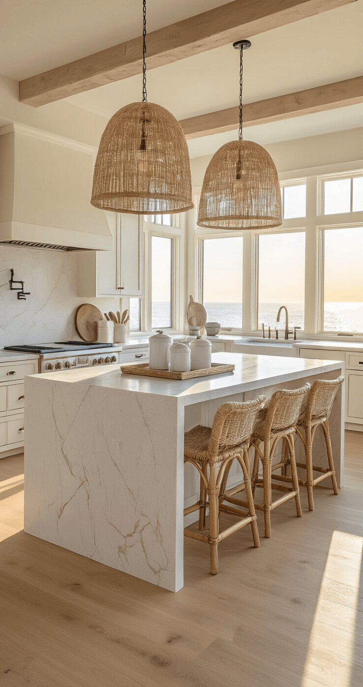 Coastal Kitchen Decor: Transform Your Space into a Breezy Seaside Sanctuary Sunset-lit coastal kitchen featuring white oak floors, cream cabinetry, and a dramatic waterfall quartzite island, illuminated by golden hour light with rattan pendant lighting, styled coffee bar, and coastal art.