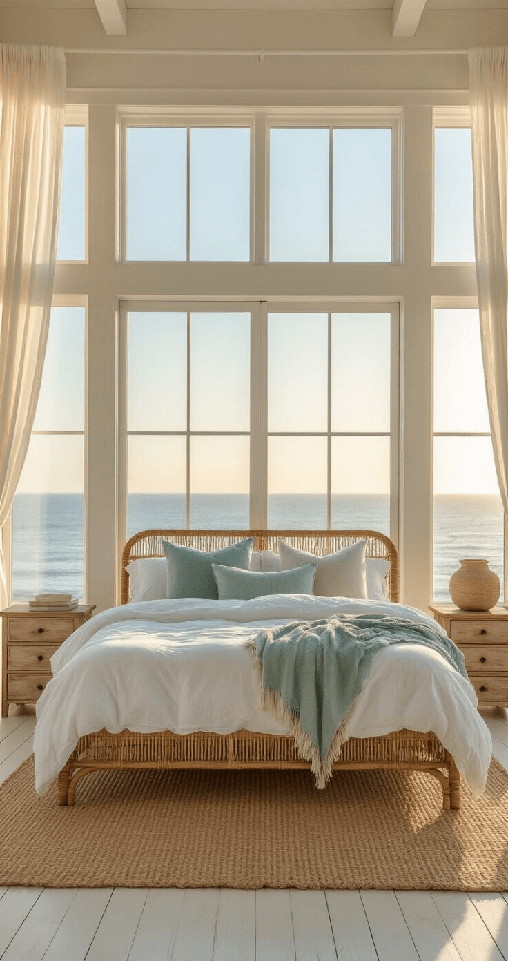 Coastal Bedroom Bliss: Your Ultimate Guide to Creating a Serene Seaside Retreat A serene coastal bedroom with a rattan king bed dressed in white and seafoam linens, framed by floor-to-ceiling windows showcasing ocean views during golden hour. Soft light illuminates whitewashed wooden floors and a chunky jute rug, while sheer curtains billow gently. Weathered driftwood nightstands complement the airy, ethereal atmosphere.