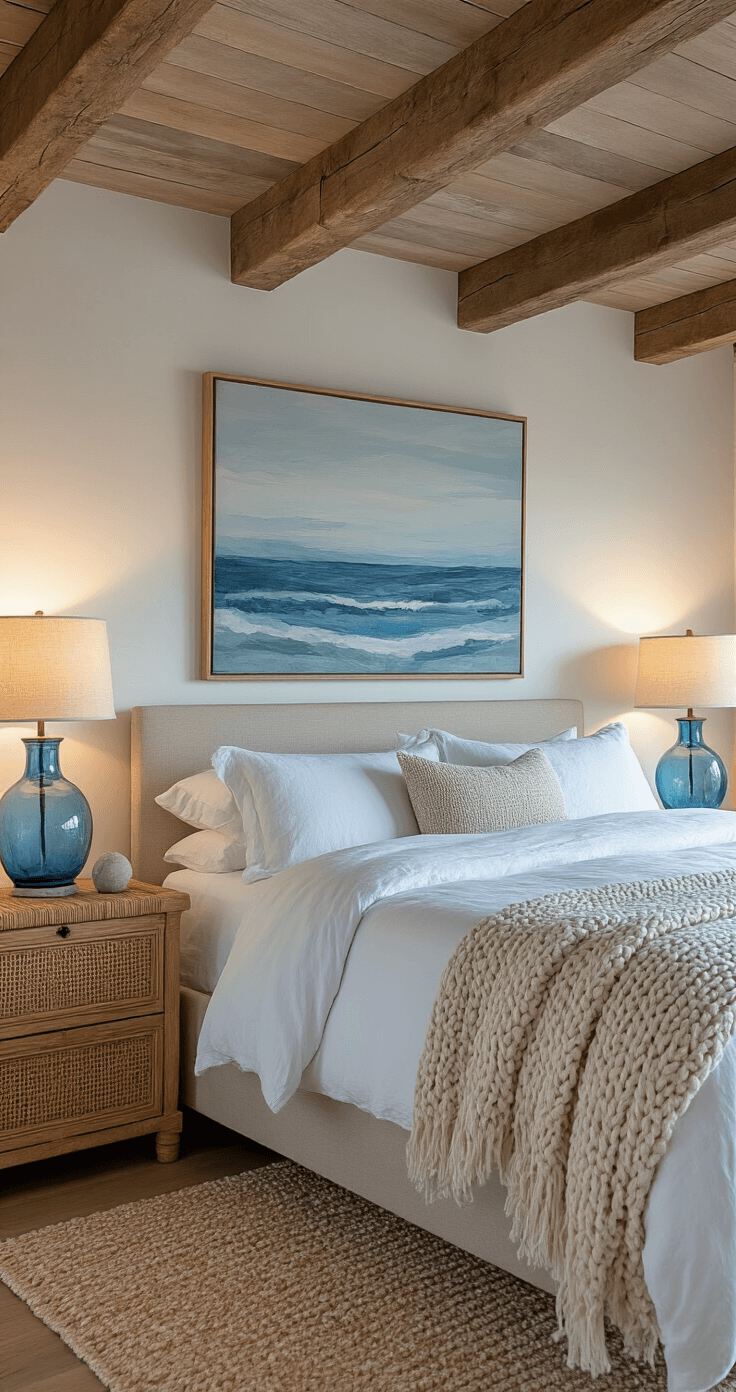 Coastal Bedroom Bliss: Your Ultimate Guide to Creating a Serene Seaside Retreat Cozy coastal bedroom vignette at dusk featuring a king bed with rumpled white linen, abstract seascape artwork in blues and grays, distressed wooden beams, rattan nightstands with blue glass table lamps, and a chunky knit throw draped across the bed, captured from a low corner angle to emphasize the 12ft ceiling height in a warm, moody atmosphere.