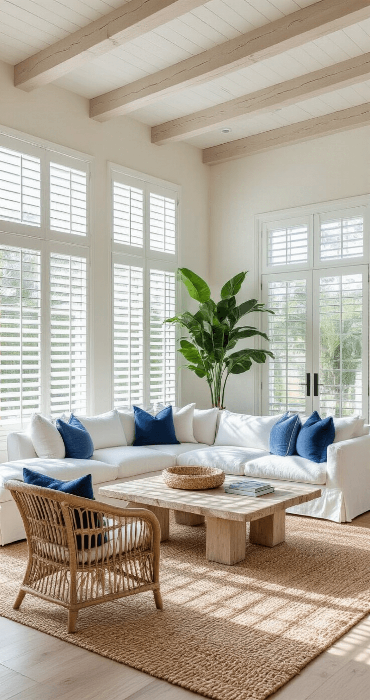 Bringing the Beach Home: Florida Aesthetic Home Decor That Will Transform Your Space A spacious, sunlit living room featuring vaulted ceilings and whitewashed beams, with wide plantation shutters casting light on a natural jute rug. An oversized white linen sectional and bleached wood coffee table are complemented by curved rattan chairs and layered blue throw pillows. A large potted palm in a woven basket adds greenery near floor-to-ceiling windows.