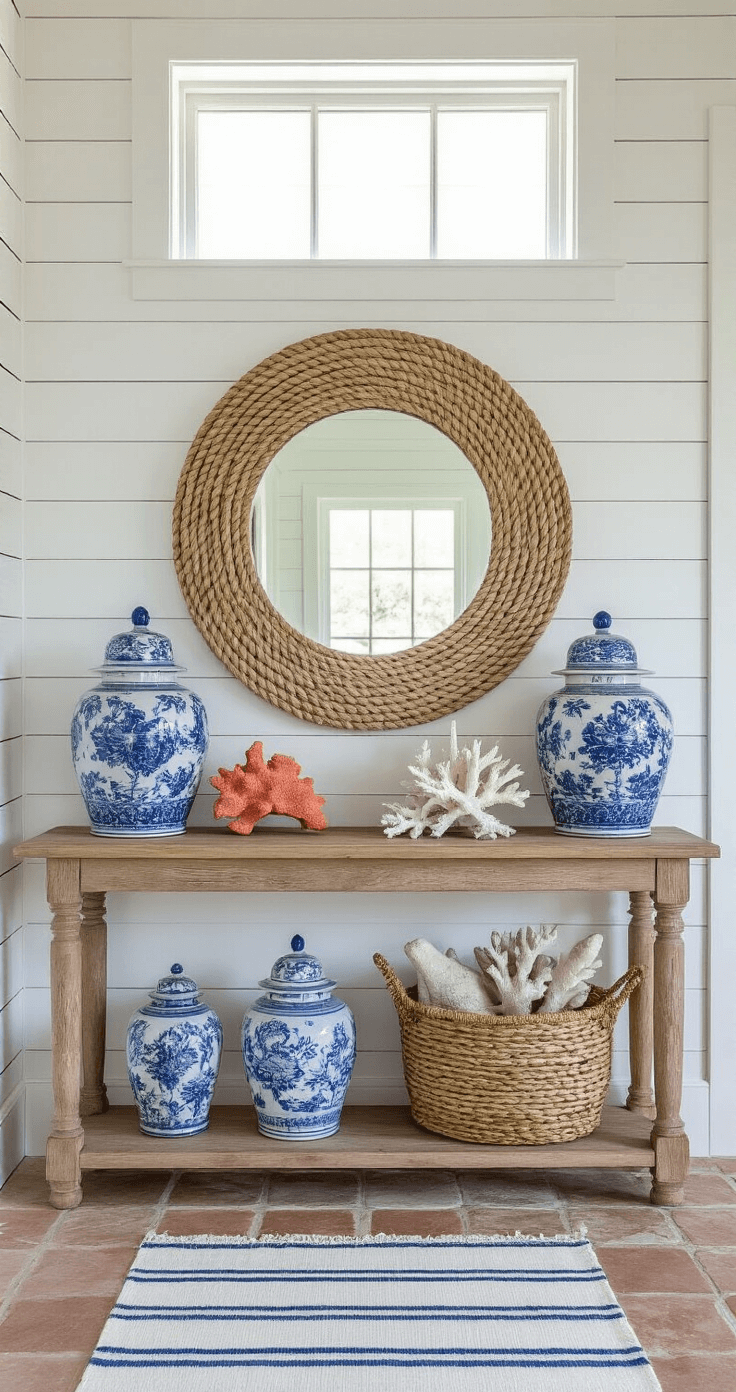 Bringing the Beach Home: Florida Aesthetic Home Decor That Will Transform Your Space Welcoming entryway with whitewashed shiplap walls, coquina stone floor tiles, an oversized round rope mirror, blue and white ginger jars, and a vintage striped runner.
