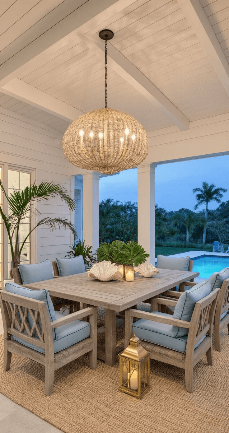 Bringing the Beach Home: Florida Aesthetic Home Decor That Will Transform Your Space Twilight scene of a covered lanai featuring a white tongue and groove ceiling, weathered teak furniture with pale blue cushions, and a shell chandelier illuminating the dining area, framed by potted palms and a natural fiber rug, with ambient brass lanterns, captured during blue hour.