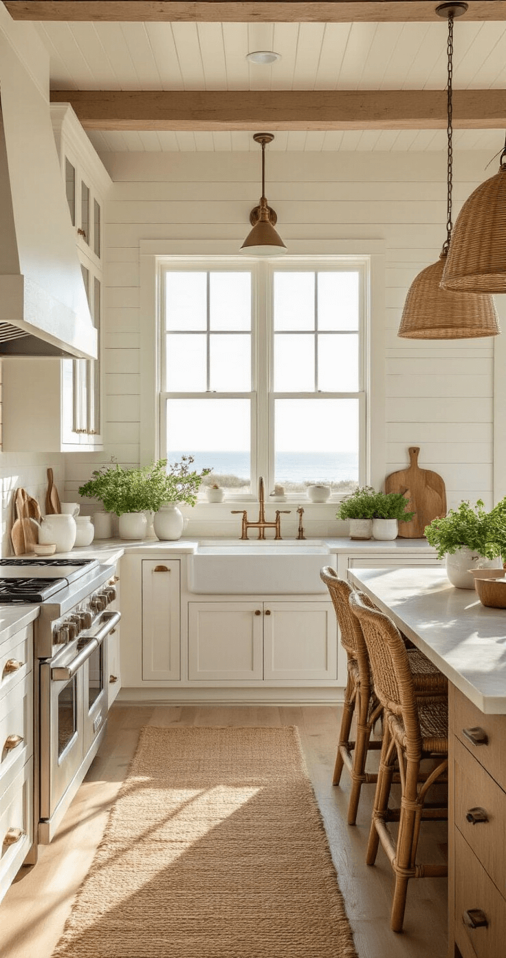 Create Your Dream Coastal Kitchen: A Comprehensive Design Guide A warm, sunlit coastal kitchen featuring L-shaped white shaker cabinets with brass hardware, shiplap walls, and a large window above a farmhouse sink. The sandy beige quartzite countertops display subtle blue veining, complemented by a central island with rattan barstools and glass pendant lights. Rustic decor includes wooden cutting boards, white ceramic vessels, and potted herbs, with a natural jute runner adding warmth to the space.