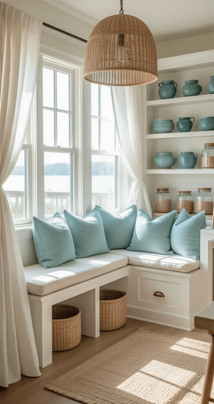 Create Your Dream Coastal Kitchen: A Comprehensive Design Guide Intimate coastal kitchen nook bathed in morning light, featuring a built-in window seat with seafoam linen cushions, open shelving showcasing oceanic handmade pottery, a rattan pendant lamp, and weathered oak floating shelves with vintage glass canisters, captured with a shallow depth of field for textural emphasis.