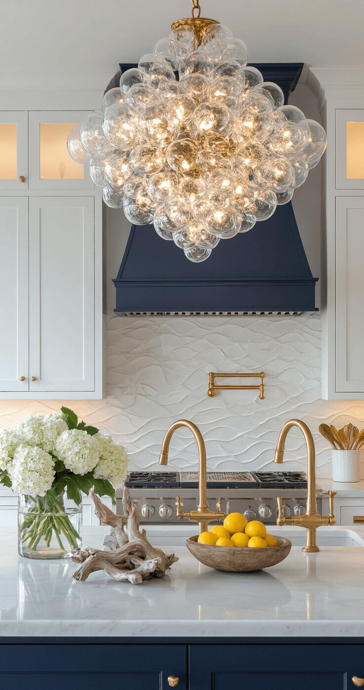 Create Your Dream Coastal Kitchen: A Comprehensive Design Guide Wide-angle view of a coastal kitchen at twilight, featuring a navy island and white cabinets, with a chandelier resembling bubbles, a wave-patterned marble backsplash, brass fixtures, and decor of hydrangeas, driftwood, and lemons, all captured from counter height with reflections in glossy surfaces.