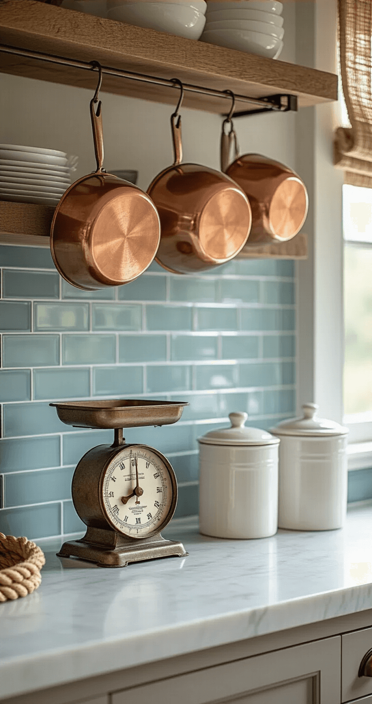 Create Your Dream Coastal Kitchen: A Comprehensive Design Guide Detail shot of a coastal kitchen's prep area, showcasing a marble counter with a vintage scale and white ceramic canisters, complemented by a pale blue subway tile backsplash and hanging copper cookware, all illuminated by soft morning light filtering through a natural fiber roman shade.
