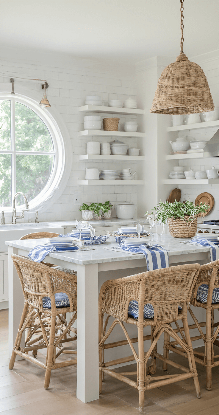 Create Your Dream Coastal Kitchen: A Comprehensive Design Guide Bright midday kitchen featuring a 10ft white marble island with blue-striped linens and woven chargers, rattan chairs, open shelving displaying white china with rope trim, and a porthole window, captured from standing height to emphasize the social gathering space.