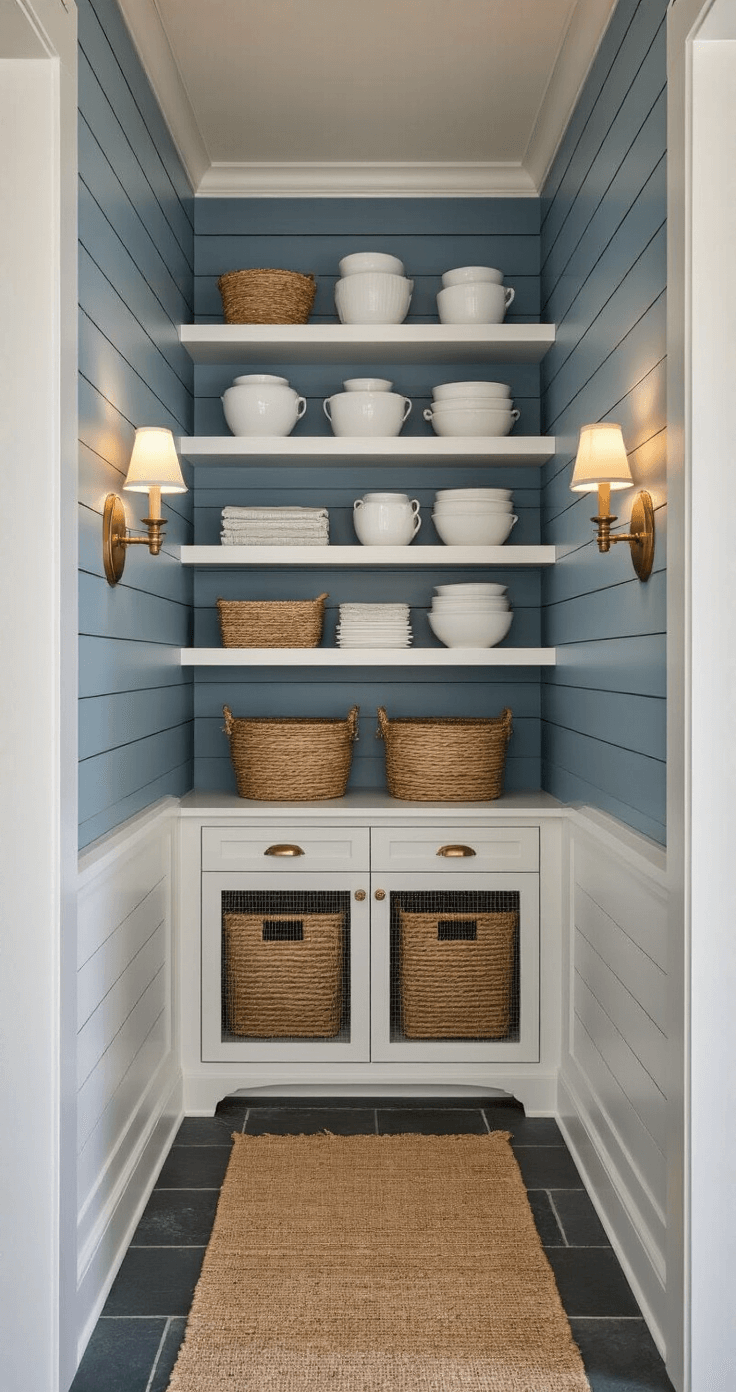 Coastal Farmhouse Kitchens: Creating Your Dream Seaside Sanctuary Eye-level view of a cozy butler's pantry transition space at dusk, featuring coastal blue shiplap walls, white floating shelves with pottery and woven baskets, warm antiqued brass sconces, and linen-backed mesh lower cabinets. A natural fiber runner leads through the slate-floored area, illuminated by ambient evening light and artificial glow, creating a sophisticated atmosphere.