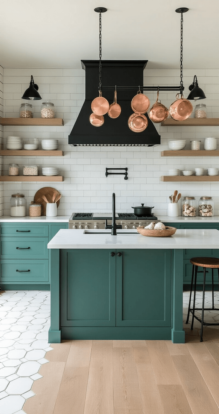 Coastal Kitchen Design: Transform Your Space into a Seaside Sanctuary Overhead view of a coastal kitchen with a seafoam green island, geometric white hexagonal tiles, bleached oak planks, matte black fixtures, copper pots, and beach-themed decor on open shelving.