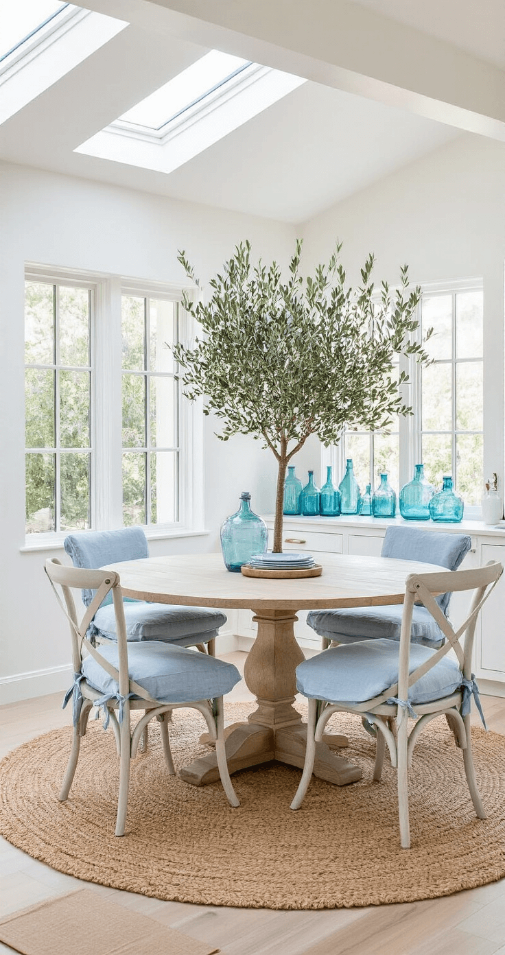 Coastal Kitchen Design: Transform Your Space into a Seaside Sanctuary A coastal kitchen breakfast area with morning light streaming through skylights, featuring a round whitewashed oak pedestal table and pale blue linen X-back chairs on a natural jute rug, complemented by an olive tree and blue glass bottles on a windowsill.