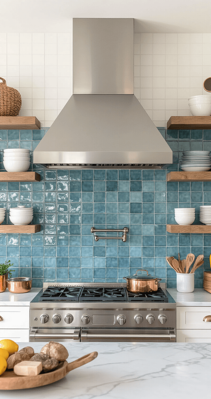 Coastal Kitchen Design: Transform Your Space into a Seaside Sanctuary Detail shot of a coastal kitchen's cooking zone featuring a professional-grade range with a brushed steel hood, handmade ocean blue ceramic tile backsplash, reclaimed teak open shelving with copper cookware and white ironstone, and marble countertops adorned with organized cooking essentials in glass and natural materials.