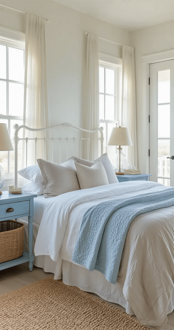 Coastal Granddaughter Decor: Create Your Dreamy, Vintage-Inspired Sanctuary A coastal bedroom featuring a white iron bed with rumpled stone-washed linen bedding in soft pearl grey, a pale blue vintage quilted throw, distressed blue wooden nightstands with milk glass lamps, woven seagrass baskets, French doors with gauzy curtains, and warm morning light creating gentle shadows.