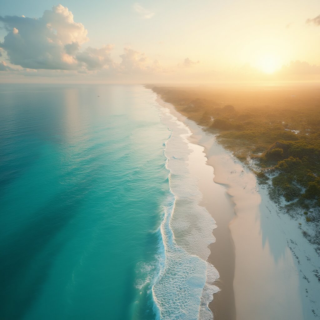 Aerial panoramic view of Siesta Key Beach at sunrise with crystal clear turquoise waters and soft white sand