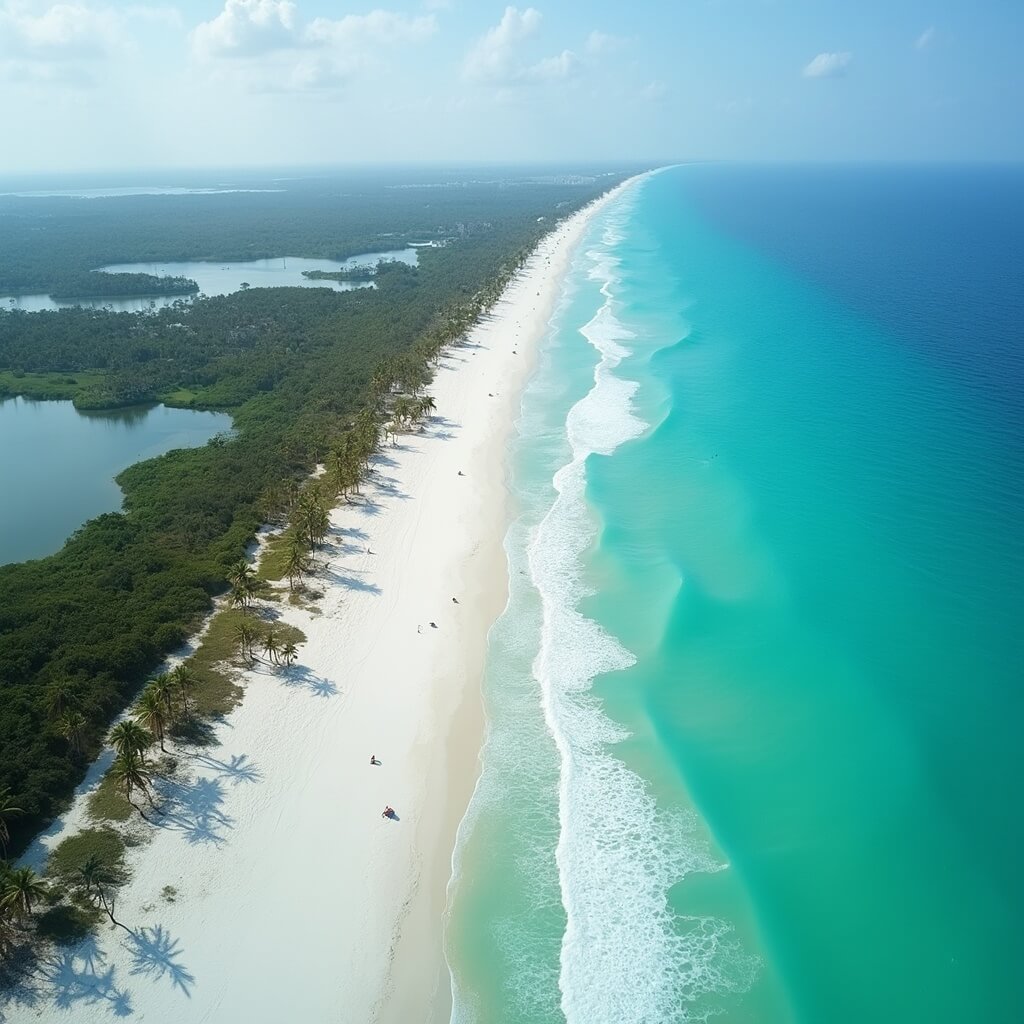Why Sarasota in March is Your Ultimate Escape (Beaches, Festivals, and Perfect Weather Await!) Aerial view of Anna Maria Island with crystal clear turquoise Gulf waters, white sandy beaches, palm trees along coastline, gentle waves, under soft morning light