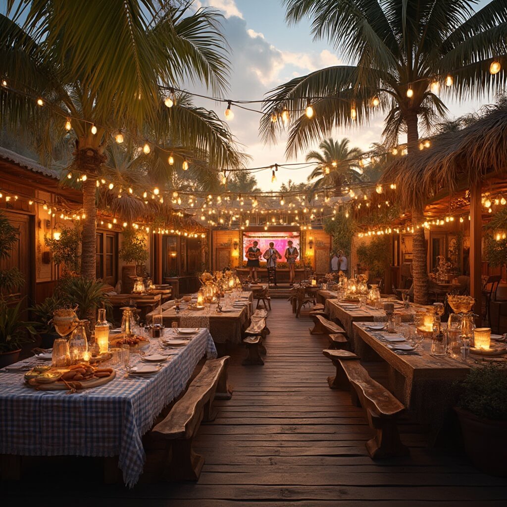 West Palm Beach in October: Your Ultimate Halloween Playground with Sunny Beach Vibes Bavarian-style outdoor beer garden at sunset in Florida with communal tables, traditional German food, and beers under Edison bulbs, surrounded by palm trees with musicians in lederhosen on stage.