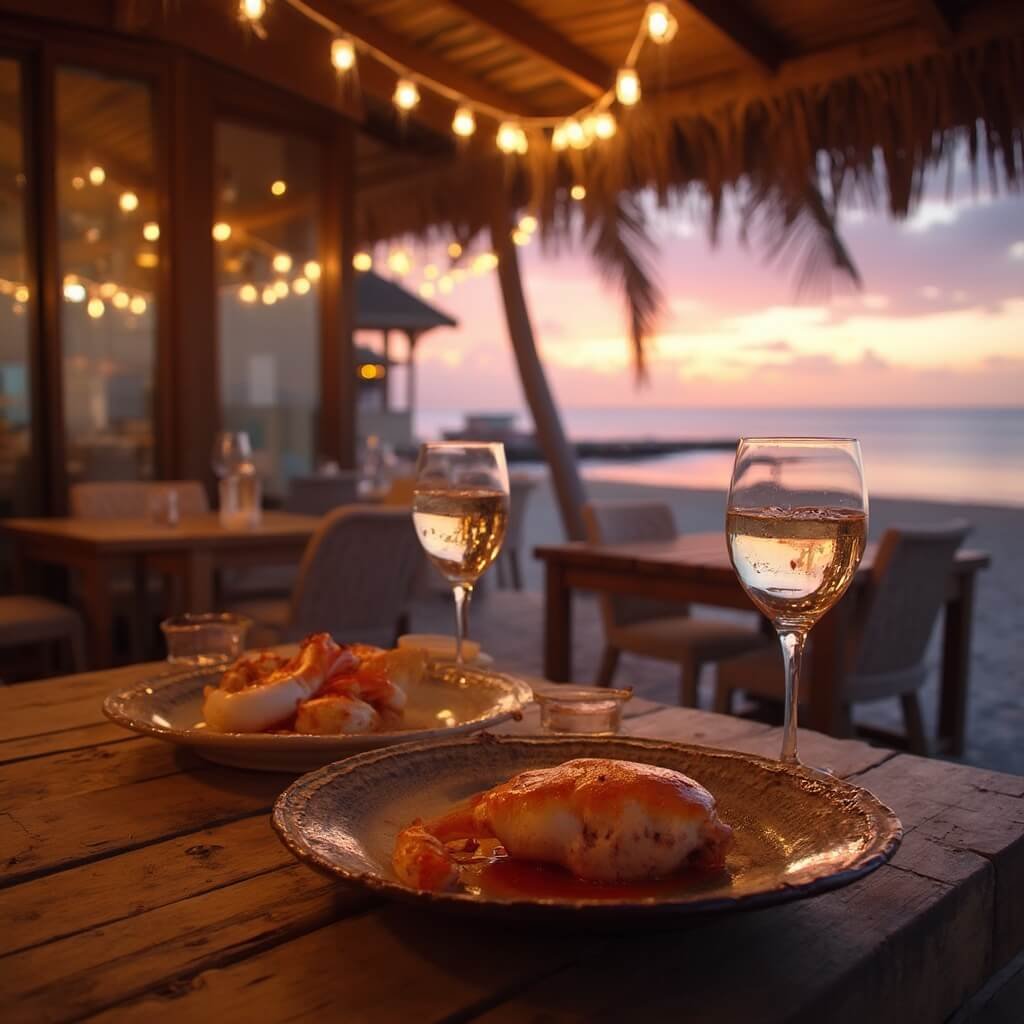 Sarasota in September: Your Ultimate Insider's Guide to Sun, Fun, and Hidden Gems Indoor-outdoor beachfront restaurant at sunset with weathered wood decking, string lights, plates with stone crab claws and grilled grouper, amber lighting, swaying palm fronds and crystal wine glasses against a purple-orange sky.