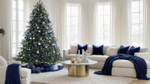 A sophisticated living room decorated for Christmas with blue accents, featuring a Fraser fir tree adorned with blue glass ornaments, a cream sectional sofa with navy pillows, and a marble fireplace mantel adorned with pinecones and string lights, all illuminated by soft natural light.