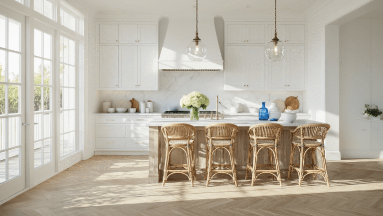 Creating Your Dream White Coastal Kitchen: A Comprehensive Guide Bright coastal kitchen featuring white shaker cabinets, Carrara quartzite countertops, and a driftwood island, illuminated by golden morning sunlight streaming through floor-length windows.