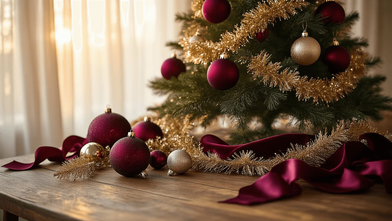 Cinematic close-up of an elegant burgundy Christmas tree adorned with velvet ornaments, cascading champagne gold garland, and crystal decorations, set on a rustic farmhouse table with decorating supplies, under warm golden hour lighting.