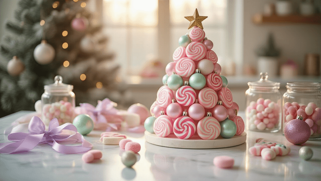 Cinematic close-up of a candy Christmas tree crafting process on a marble countertop, featuring oversized lollipop ornaments, pastel glass baubles, cascading ribbons, and DIY felt decorations, with warm lighting and steam from a hot cocoa mug.