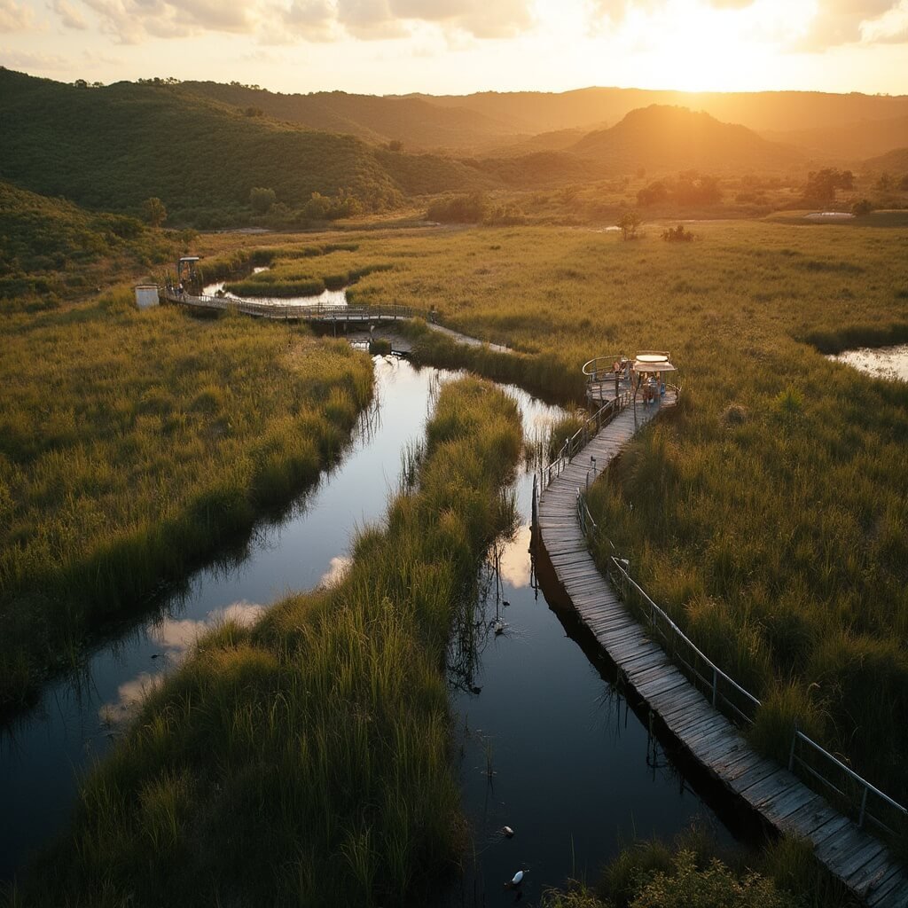 Why Sarasota in January is Your Secret Winter Paradise (Without the Snow!) Aerial view of Celery Fields in Sarasota at golden hour, featuring winding boardwalks, wading birds, swaying grasses, rolling hills covered in native vegetation, and birdwatchers on observation platforms