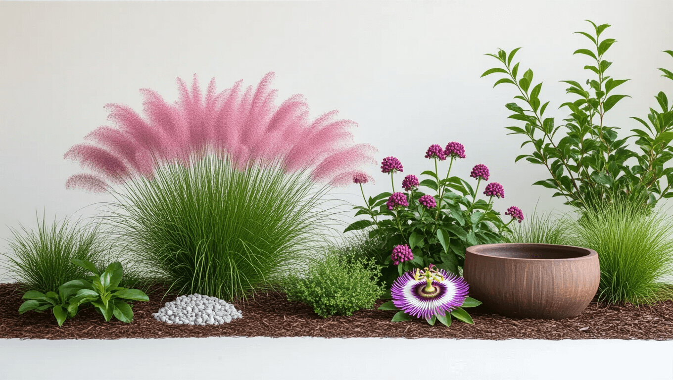Cinematic wide-angle shot of a Central Florida native plant display featuring Pink Muhly Grass, Milkweed, and Passion Flower on a clean white background, showcasing vibrant colors and textures in golden hour lighting.