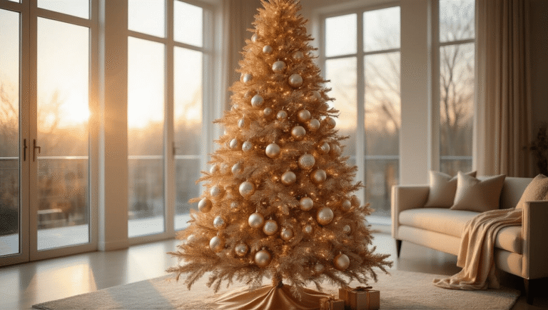 Champagne Christmas Tree: The Ultimate Guide to Glamorous Holiday Decor Opulent champagne gold Christmas tree adorned with metallic ornaments and blush accents in a luxurious living room, captured during golden hour with warm natural light, highlighting textures and creating a sophisticated atmosphere.