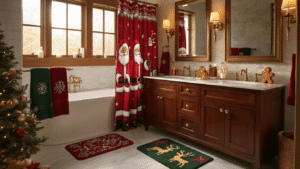 A luxurious master bathroom transformed into a Christmas wonderland, featuring a Santa-themed shower curtain, rich mahogany double vanity with marble countertops, gingerbread soap dispensers, embroidered holiday towels, reindeer bath mat, flickering pine-scented candles, a mini Christmas tree, and a cozy atmosphere illuminated by warm golden light.